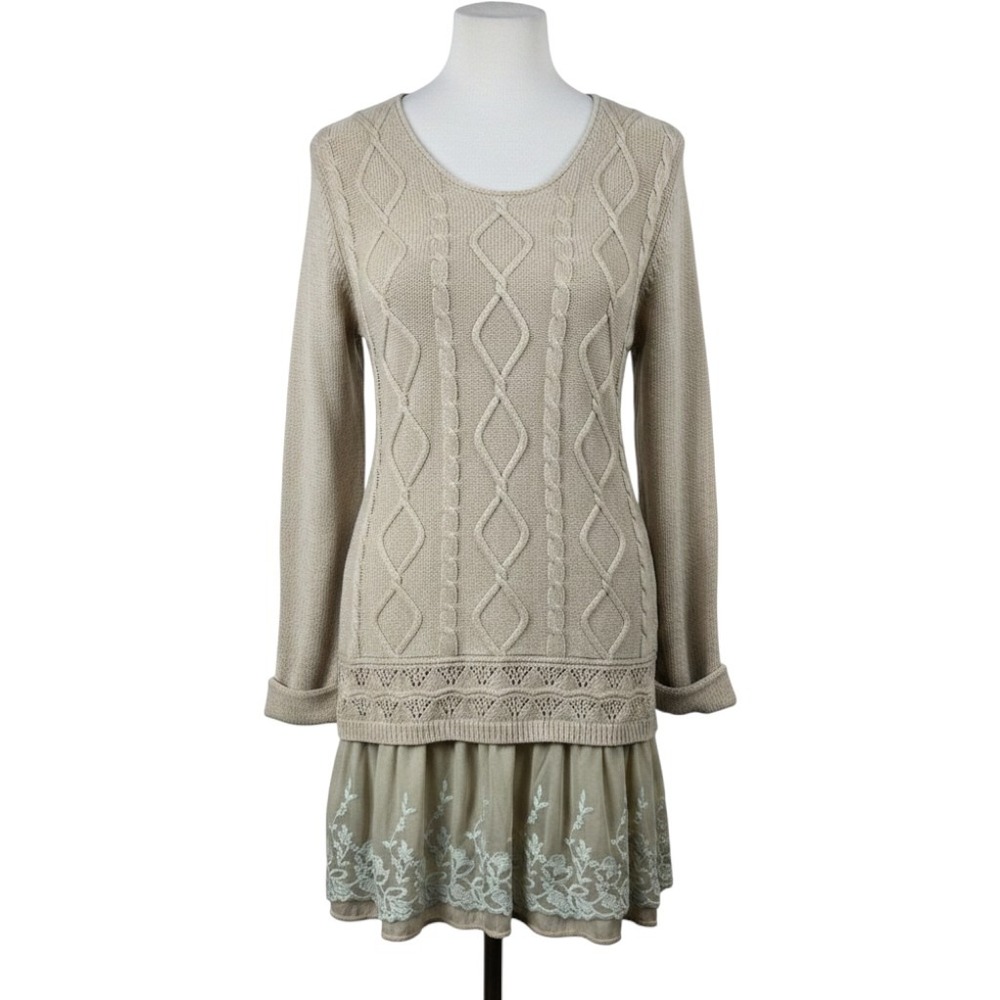 John Fashion Size M Knit Sweater Dress Cable Knit Ruffle Hem LS Boho Chic
